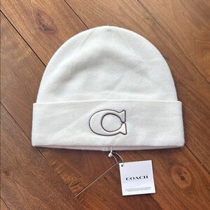 Coach White Knit Beanie with Embroidered Logo